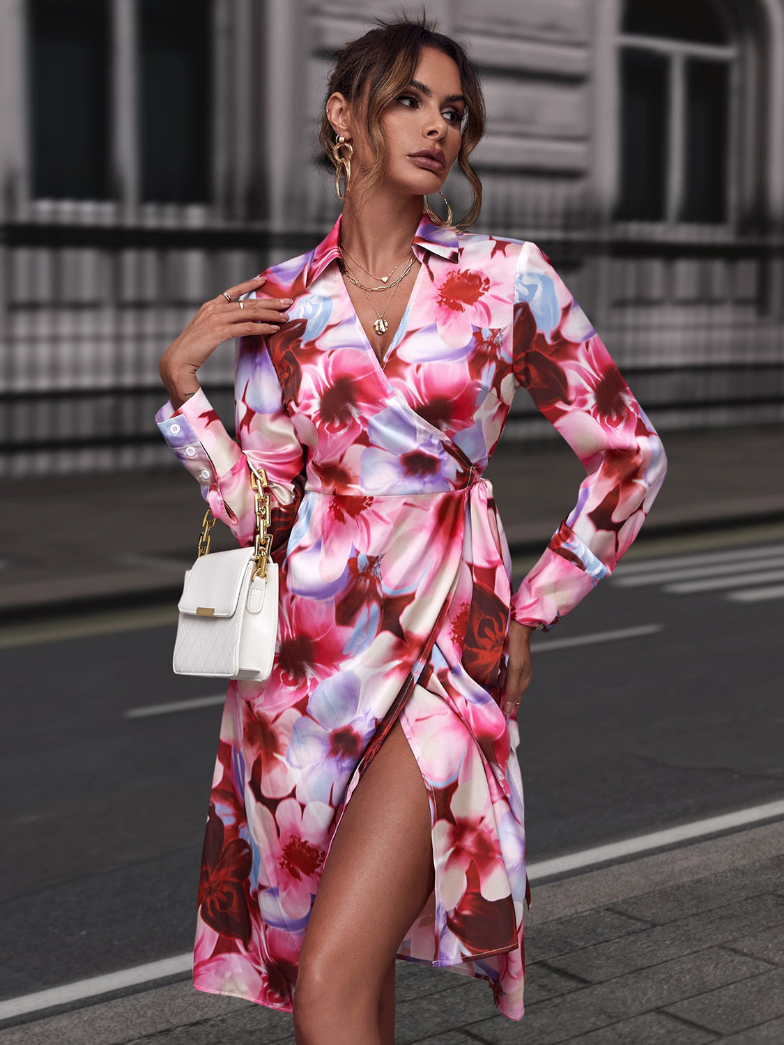 Floral Print Collared Neck Slit Dress