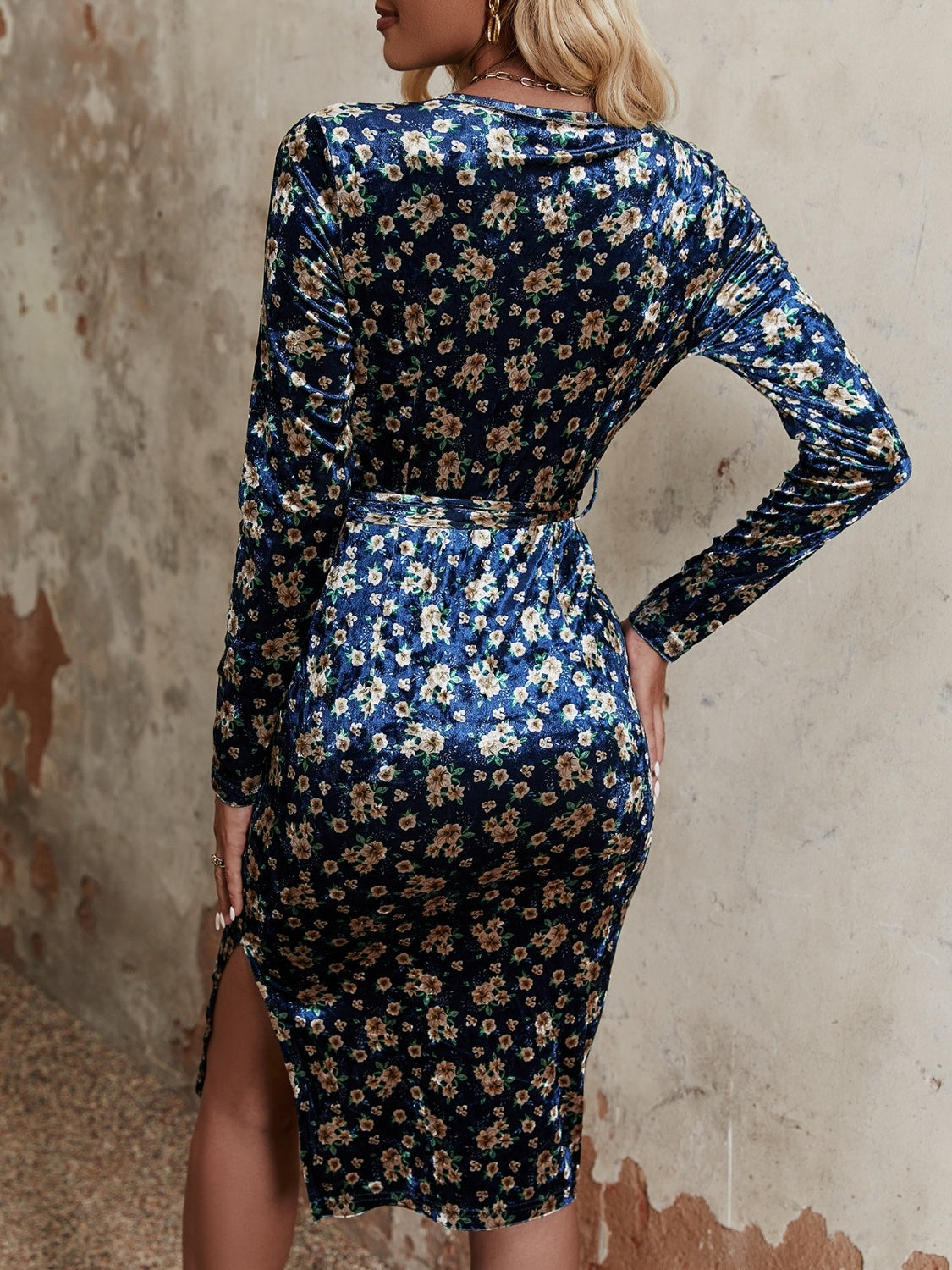 Floral Belted V-Neck Long Sleeve Slit Dress