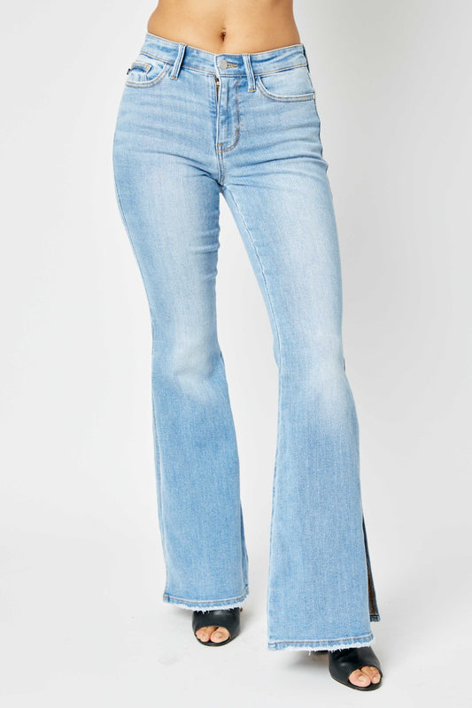 Judy Blue Full Size Mid Rise Raw Hem Slit Flare Jeans