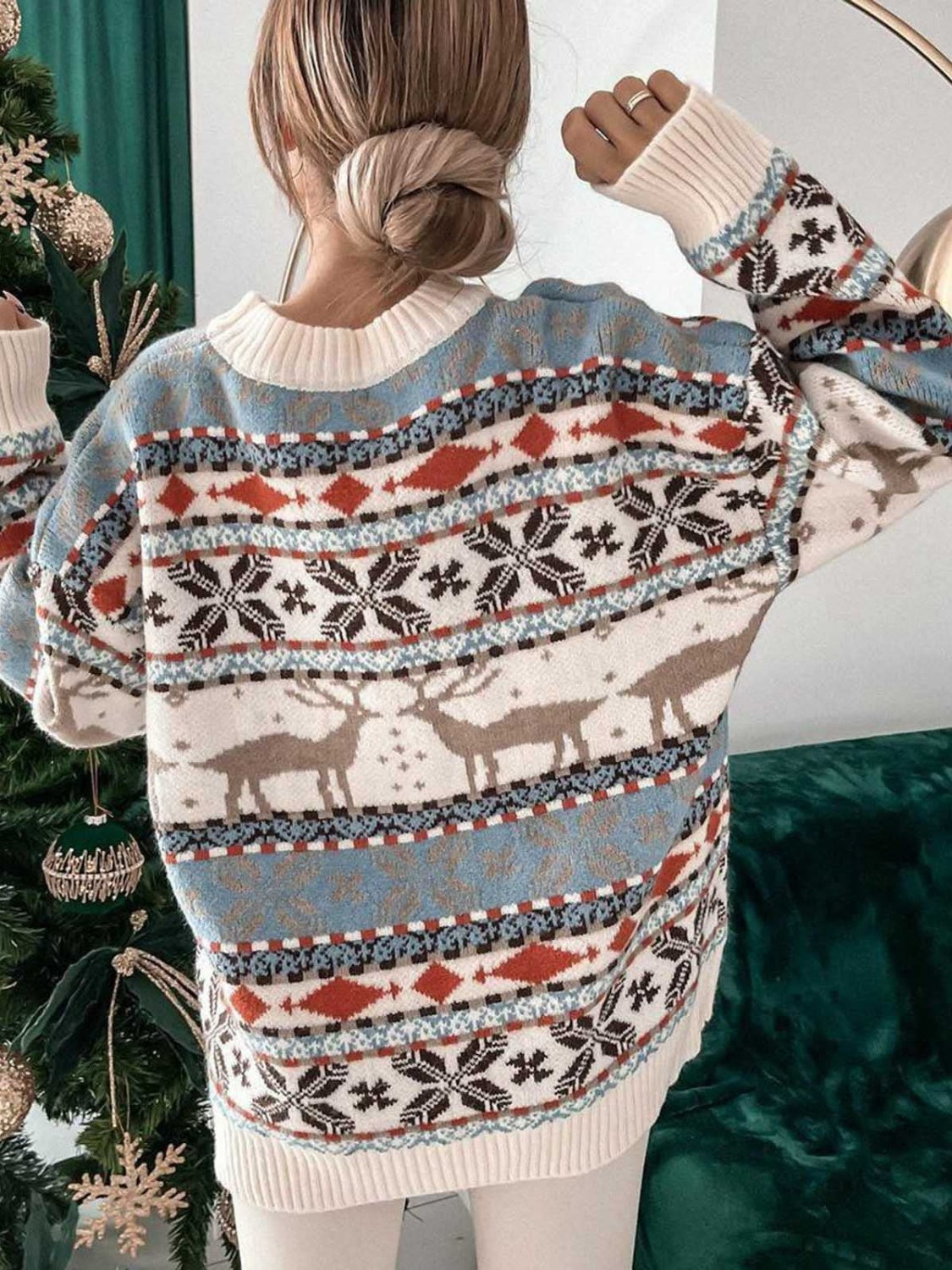 Geometric Round Neck Dropped Shoulder Sweater